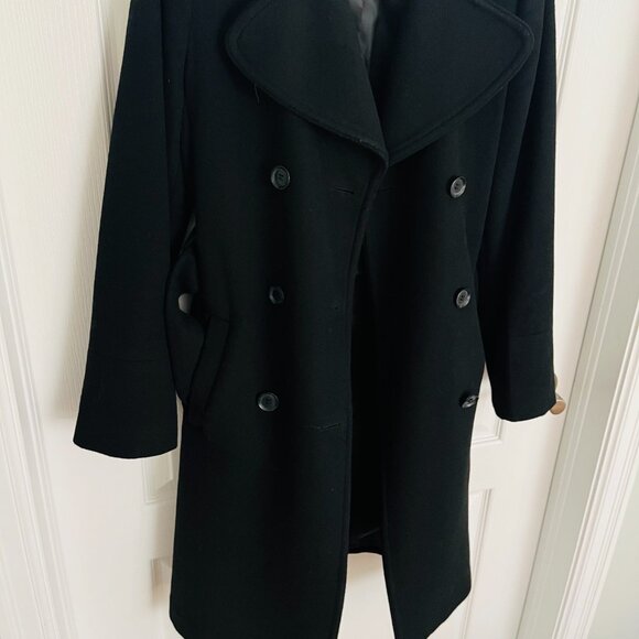 Daniel Hechter Paris Black Wool Blend Double Breasted Trench Coat Tie Waist Belt - Picture 9 of 10